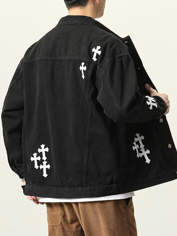 Herren-Jeansjacke mit Vintage-Cross-Print-2